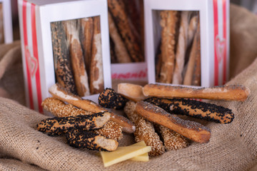 Various type of grissini packed with gift boxes