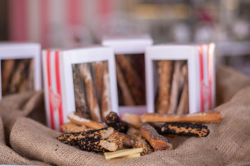 Various type of grissini packed with gift boxes