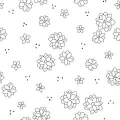 Black & white flowers on whiye background with dots seamless vector pattern