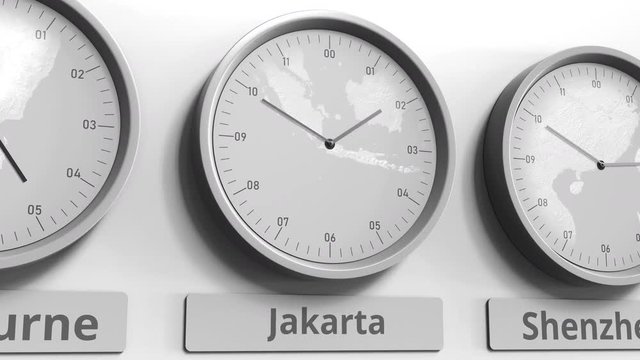 Clock shows Jakarta, Indonesia time among different timezones. Conceptual 3D animation