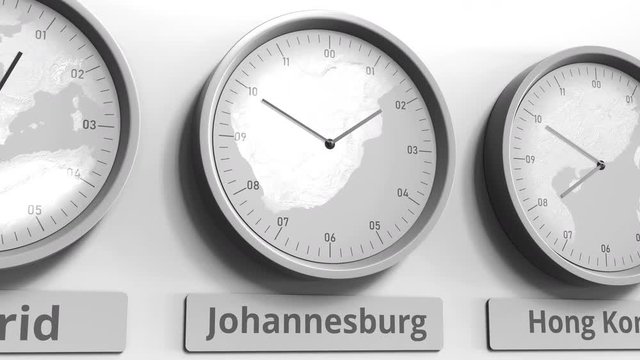 Round clock showing Johannesburg, South Africa time within world time zones. Conceptual 3D animation