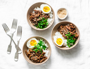 Japanese beef, rice and boiled egg bowl on light background, top view. Asian style food concept, flat lay