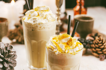 Creamy tasty and fresh cappuccino, winter holiday concept