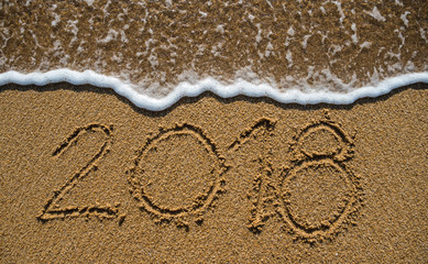 Fototapeta na wymiar New Year 2019 is coming concept. Happy New Year 2019 replace 2018 concept on the sea beach