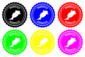 Morocco - rubber stamp - vector, Kingdom of Morocco map pattern - sticker - black, blue, green, yellow, purple and red