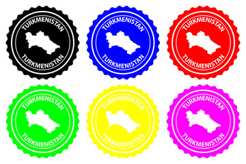 Turkmenistan - rubber stamp - vector, Turkmenia map pattern - sticker - black, blue, green, yellow, purple and red
