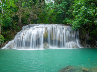 Fototapeta na wymiar Erawan waterfall at Erawan National Park in Kanchanaburi, Thailand.