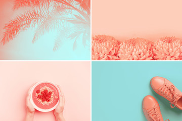 Collage aus vier Fotos in trendiger Farbe Living Coral. Trendfarben des Jahres 2019: Living Coral und Limpet Shell. © Olga Zarytska