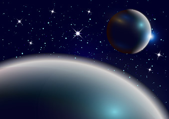 Fantastic background of outer space with planets, sky and stars. Vector illustration.