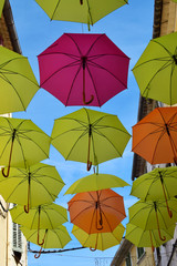 Fototapeta na wymiar street decorated with colorful umbrellas, La Seyne sur Mer, France