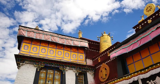 4k closeup of The Jokhang Temple In Lhasa,Tibet,white clouds in blue sky.