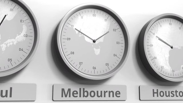 Focus on the clock showing Melbourne, Australia time. Conceptual 3D animation