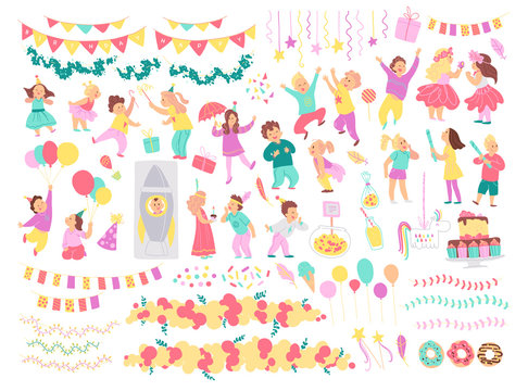 Vector Collection Of Birthday Party Kids, Decor Idea Elements Isolated On White Background - Pinata, Rocket, Balloons, Cake, Garland. Flat Hand Drawn Cartoon Style. For Card, Pattern, Tag, Invitation.