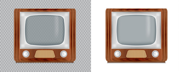 Old wooden television.Vector retro tv mock up with transparent glass screen isolate on white and transparent background.