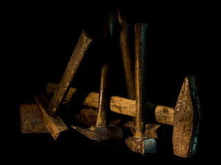 Old hammers in a workshop