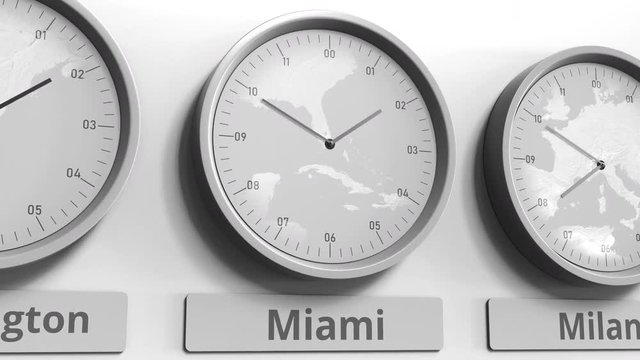 Round clock showing Miami, USA time within world time zones. Conceptual 3D animation