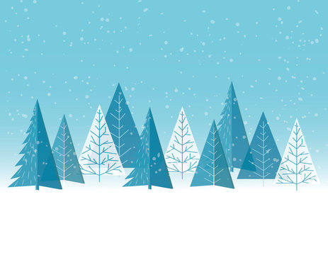 Winter forest flat background. Children's drawing. Simple and cute landscape for your design