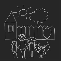 Happy family with house. Kids drawing style vector illustration isolated on blackboard background. Mother, father, sister, brother.