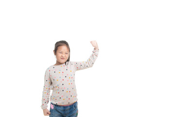 Cute kid southeast asian girl age 7 years in acting isolated on white