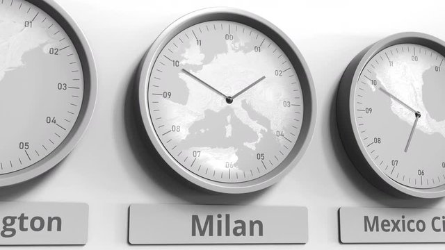 Focus on the clock showing Milan, Italy time. Conceptual 3D animation