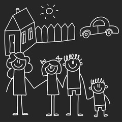 Happy family with house. Kids drawing style vector illustration isolated on blackboard background. Mother, father, sister, brother.