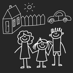 Happy family with house. Kids drawing style vector illustration isolated on blackboard background. Mother, father, sister, brother.