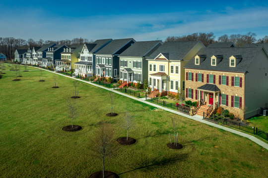 Aerial View Of Typical American Colonial Single Family Luxury Home Real Estate For Upper Middle Class Families In The USA