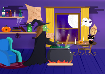 Halloween, Witch is cooking in her house, costume cartoon, pumpkin spider, bat and spooky, interior creative, night party, poster, happy holiday season background vector