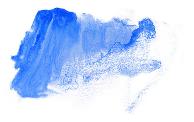 Blue water stains with paint watercolor stain with paper texture on white background isolated. hand drawing.