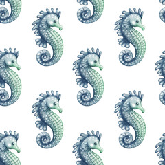 seamless pattern of blue seahorse, marine style on a white background