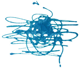 Blue Drops of paint streaks from stains. hand drawing. shiny metallic paint with sparkles. abstract stain on paper