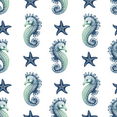 seamless pattern sea horse and starfish. sea style