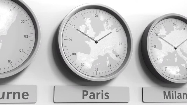 Focus on the clock showing Paris, France time. Conceptual 3D animation