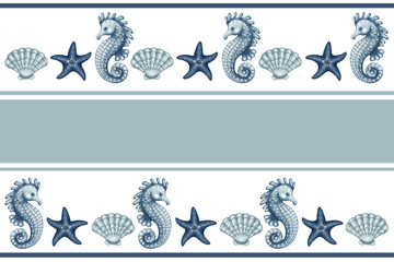 seamless pattern of starfish, seahorse, mollusk. maritime style border
