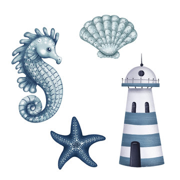 set of drawings in a nautical style, starfish, seahorse, mollusk, lighthouse