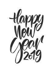 Poster template with Handwritten textured brush lettering composition of Happy New Year 2019 on white background.