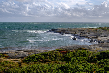 rocks by the sea with green bushes, blue sky with white clouds