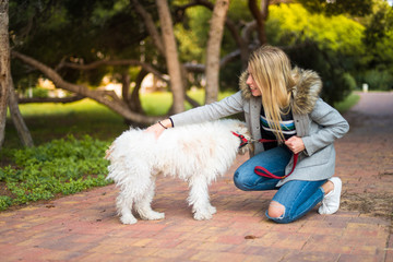 Young girl with her dog in a park