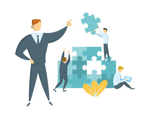 Fototapeta na wymiar Teamwork and leadership concept. Leader guiding his team towards success. Businessmen with giant puzzle pieces. Partnership and collaboration. Flat vector illustration. Isolated.