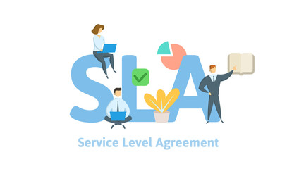 SLA, Service Level Agreement. Concept with keywords, letters and icons. Colored flat vector illustration on white background.