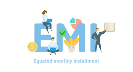 EMI, equated monthly installment. Concept with keywords, letters and icons. Colored flat vector illustration on white background. Isolated.