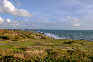 green landscape on the coast, blue sky with white clouds