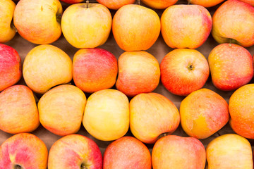 Yellow and red apples in the shop. Texture of apples