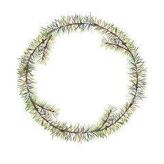 Winter watercolor Christmas round frame with tree branches and berries.
