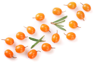 Sea buckthorn. Fresh ripe berry with leaves isolated on white background with copy space for your text. Top view. Flat lay pattern