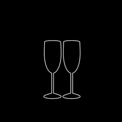 Vector white outline icon of couple champagne glasses on black background.