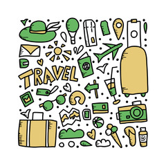 Set of travel doodle symbols in vector.