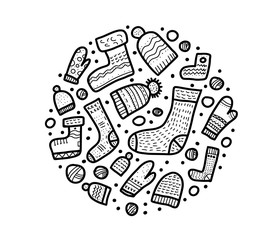 Warm socks, beanies set. Vector illustration.