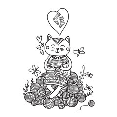 Vector illustration of cute cat knitting on yarn  balls coloring