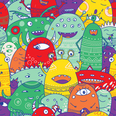 cute monsters crowd seamless pattern in boho style.